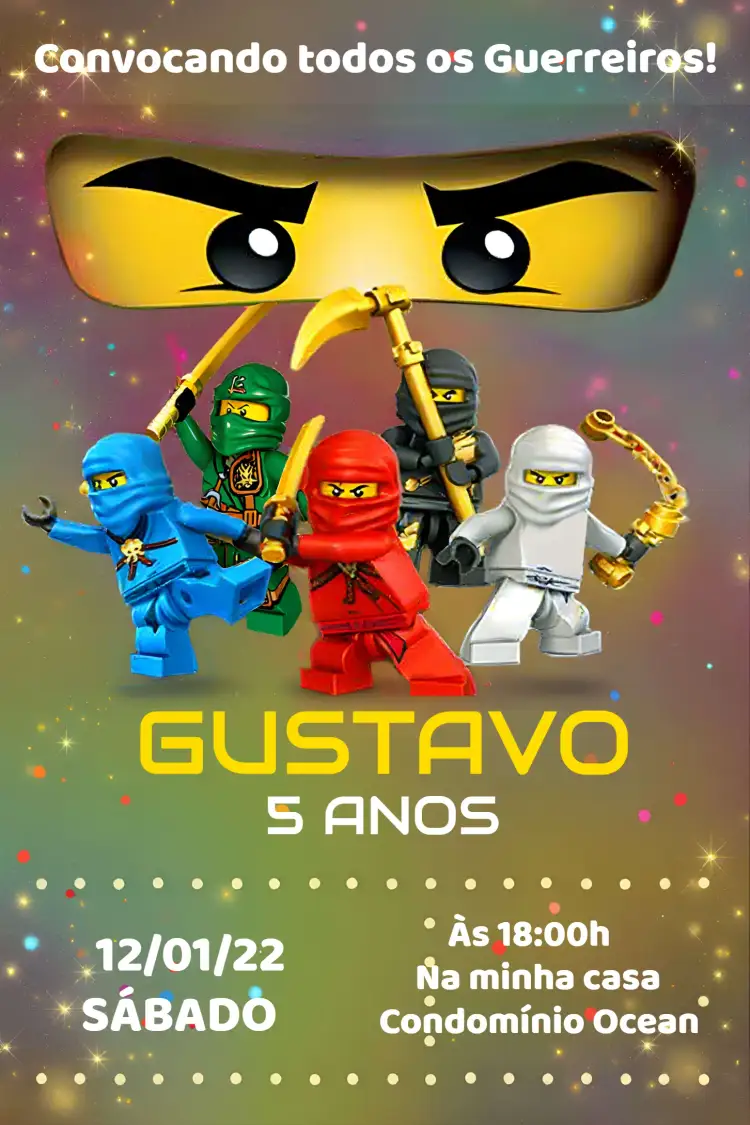 Convite Ninjago Preto – tema Mais pesquisados preto, verde, branco, temática Ninjago, moderno, divertido