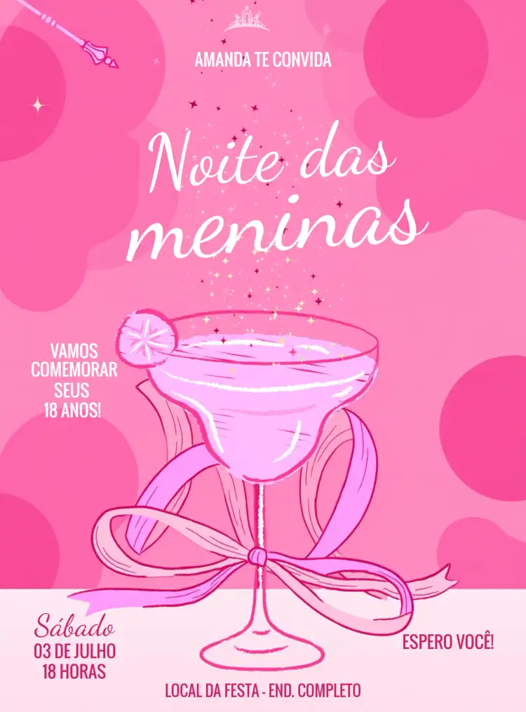 Convite Noite Das Meninas Rosa Bebida – tema Aniversário rosa, divertido, feminino, moderno, elegante, descontraído