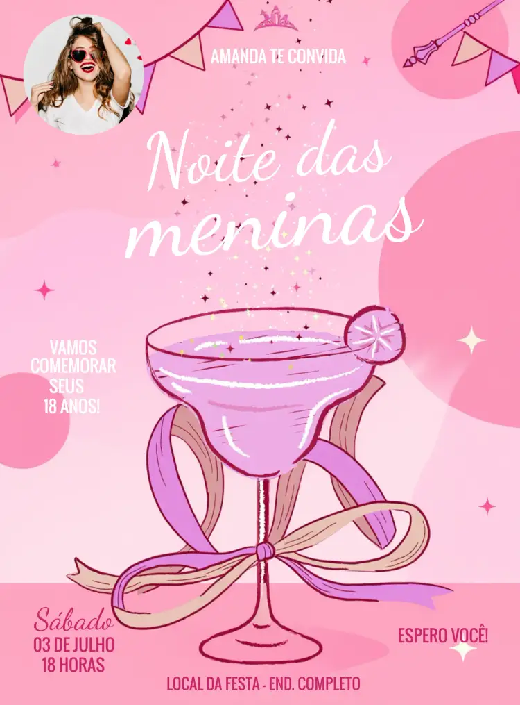 Convite Noite Das Meninas Rosa Com Foto Adulto – tema Aniversário rosa, feminino, moderno, vibrante, elegante