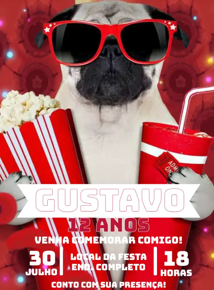 Convite Noite De Filme Cachorro – tema Mais pesquisados vermelho vibrante, bege suave, ilustrações de cães, estilo divertido, elementos de cinema, design alegre