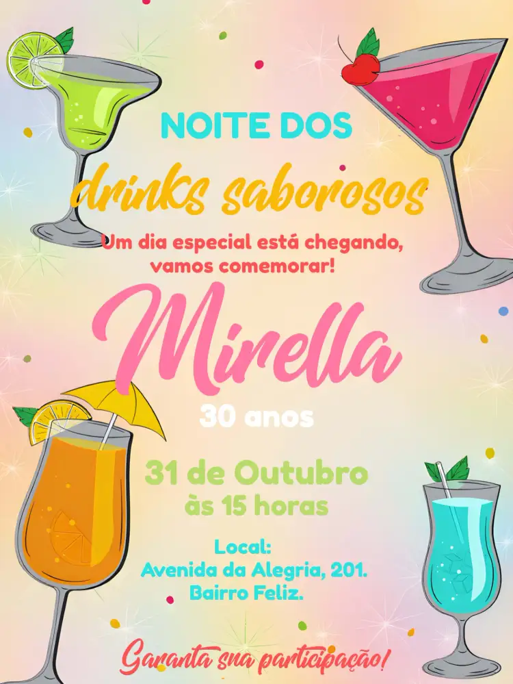Convite Noite Dos Bons Drinks Amigas – tema Aniversário colorido, moderno, feminino, elegante, descontraído