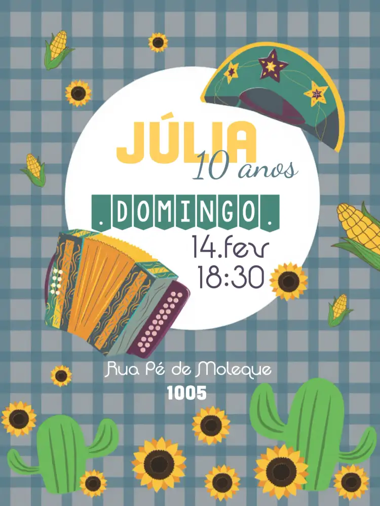 Convite Nordestino Baião Jão – tema Datas Comemorativas cores vibrantes, estilo caipira, elementos gráficos nordestinos, estampa de cactos, inspirado nas festas juninas, design alegre e festivo
