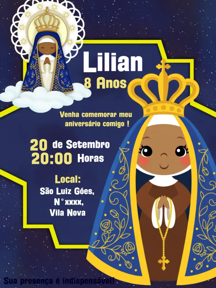 Convite Nossa Senhora Aparecida Branco – tema Batizado elegante, minimalista, religioso, suave, clássico