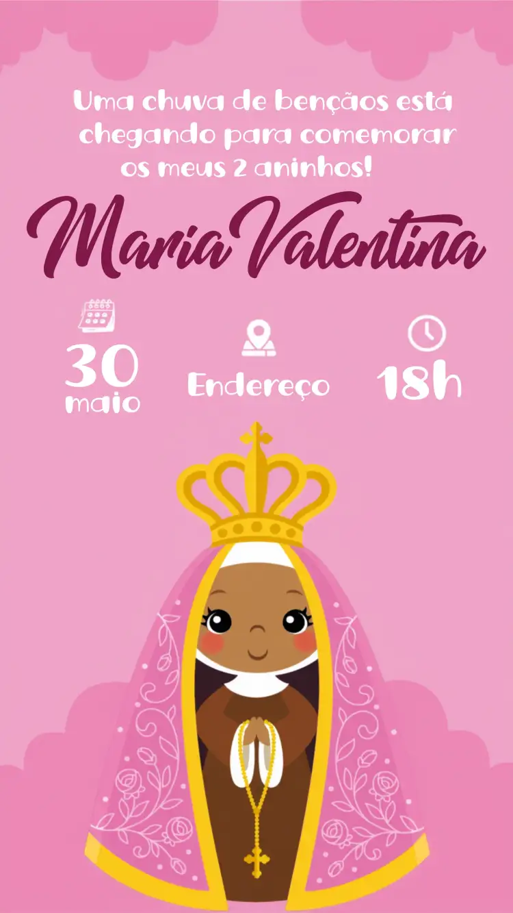 Convite Nossa Senhora Batismo – tema Batizado rosa, floral, minimalista, religioso, delicado