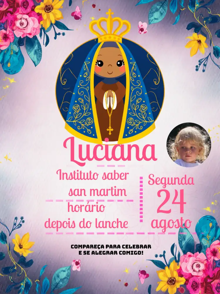 Convite Nossa Senhora Com Foto Rosa – tema Batizado rosa, delicado, religioso, moderno, minimalista, infantil
