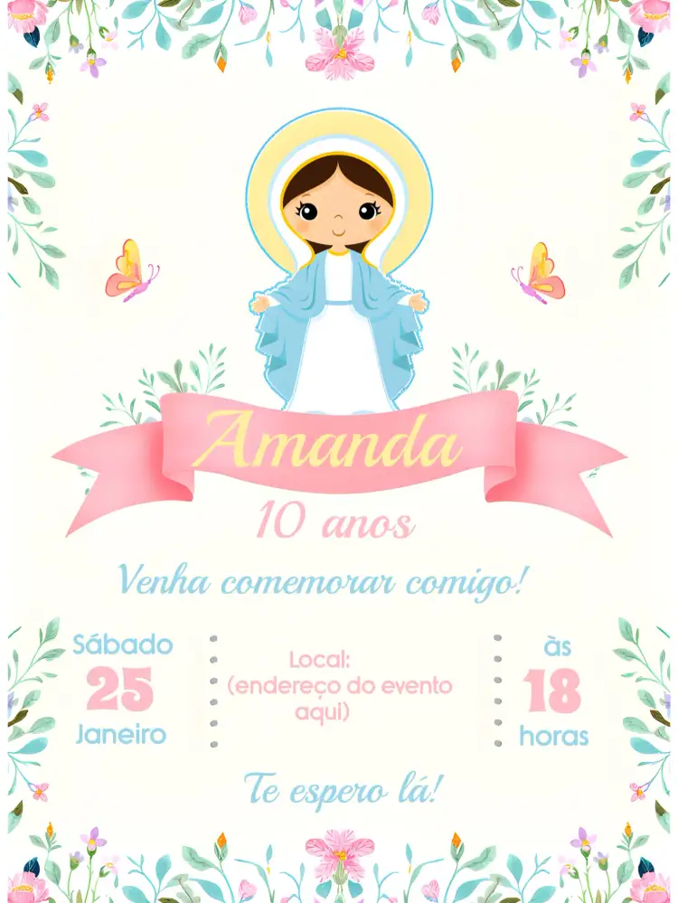 Convite Nossa Senhora Das Graças Pastel – tema Batizado floral, pastel, delicado, cristão, moderno, elegante