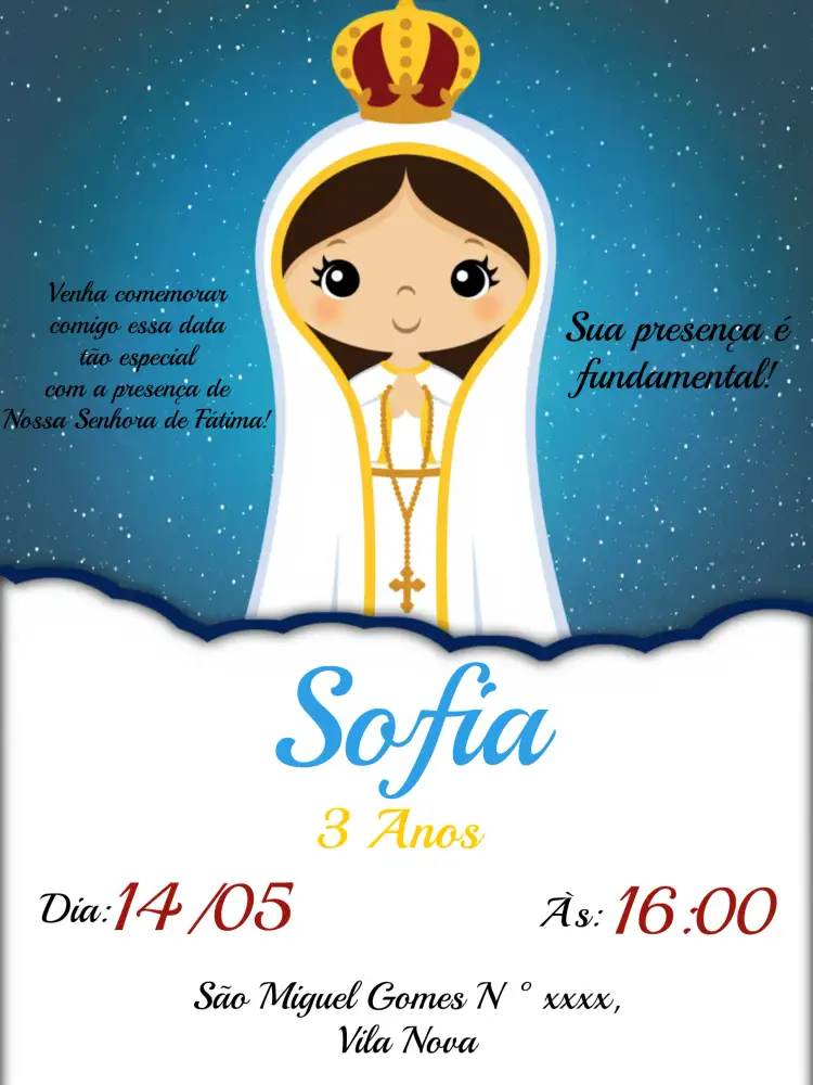 Convite Nossa Senhora De Fátima Azul – tema Batizado azul, branco, vermelho, amarelo, religioso, moderno