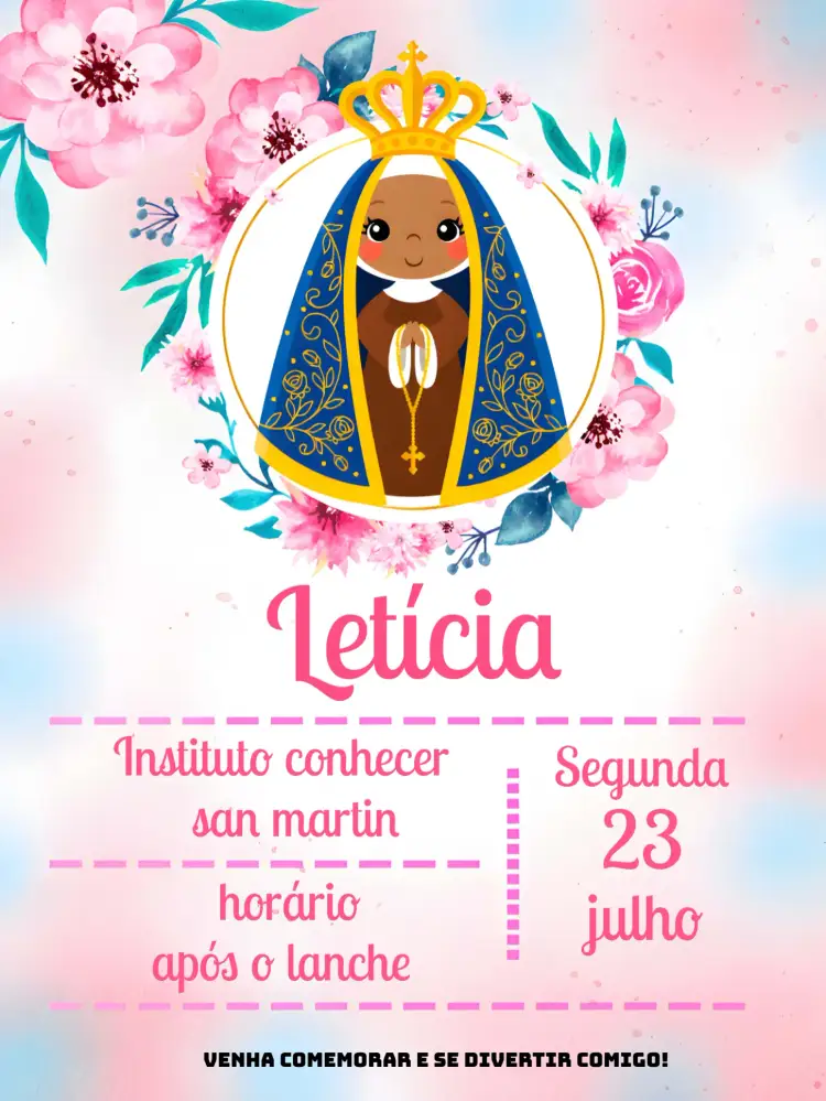 Convite Nossa Senhora Escola – tema Batizado rosa, delicado, religioso, infantil, floral, moderno