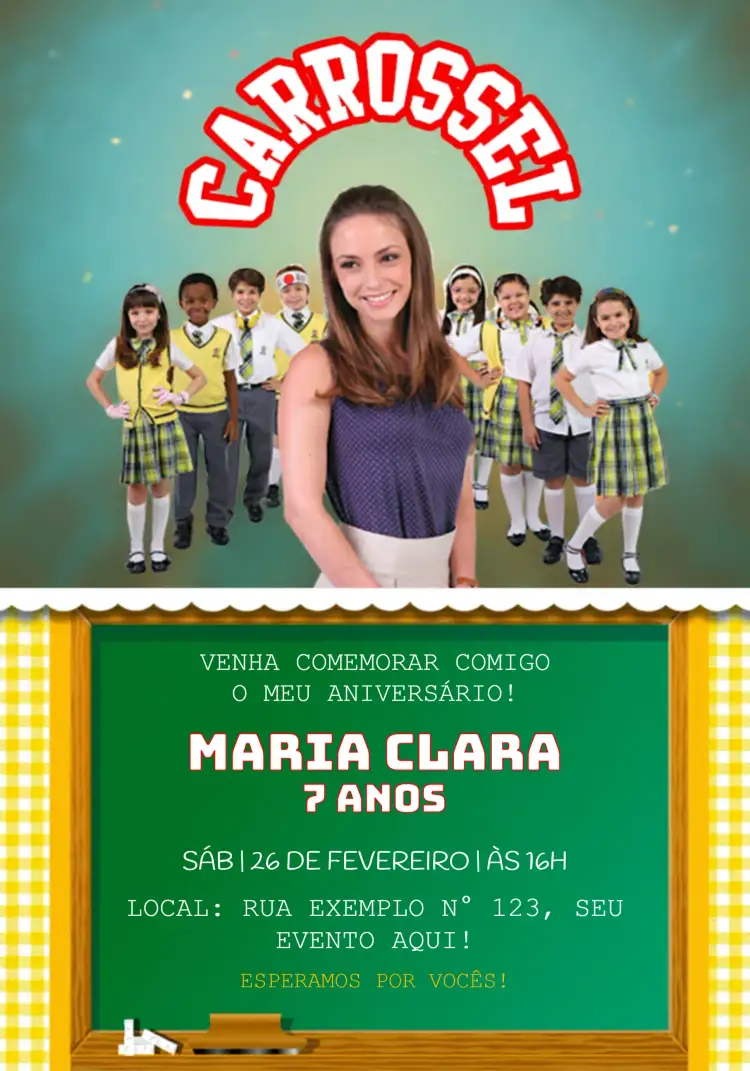 Convite Novela Carrossel Infantil – tema Mais pesquisados colorido, lúdico, divertido, infantil, moderno