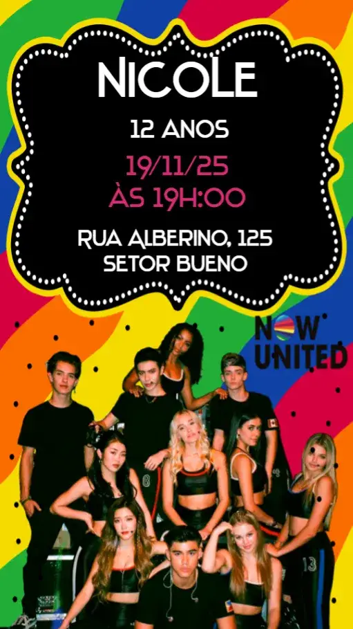 Convite Now United – tema Aniversário colorido, moderno, jovial, divertido, tropical, festivo