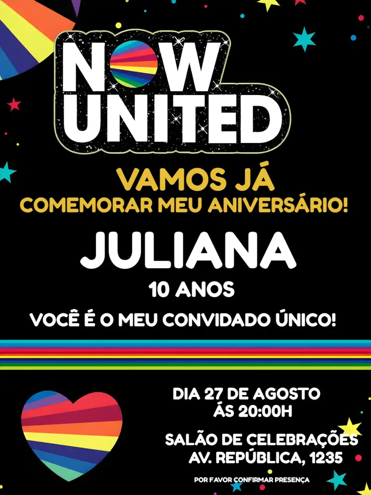 Convite Now United Amarelo – tema Mais pesquisados colorido, moderno, vibrante, jovem, divertido, festivo