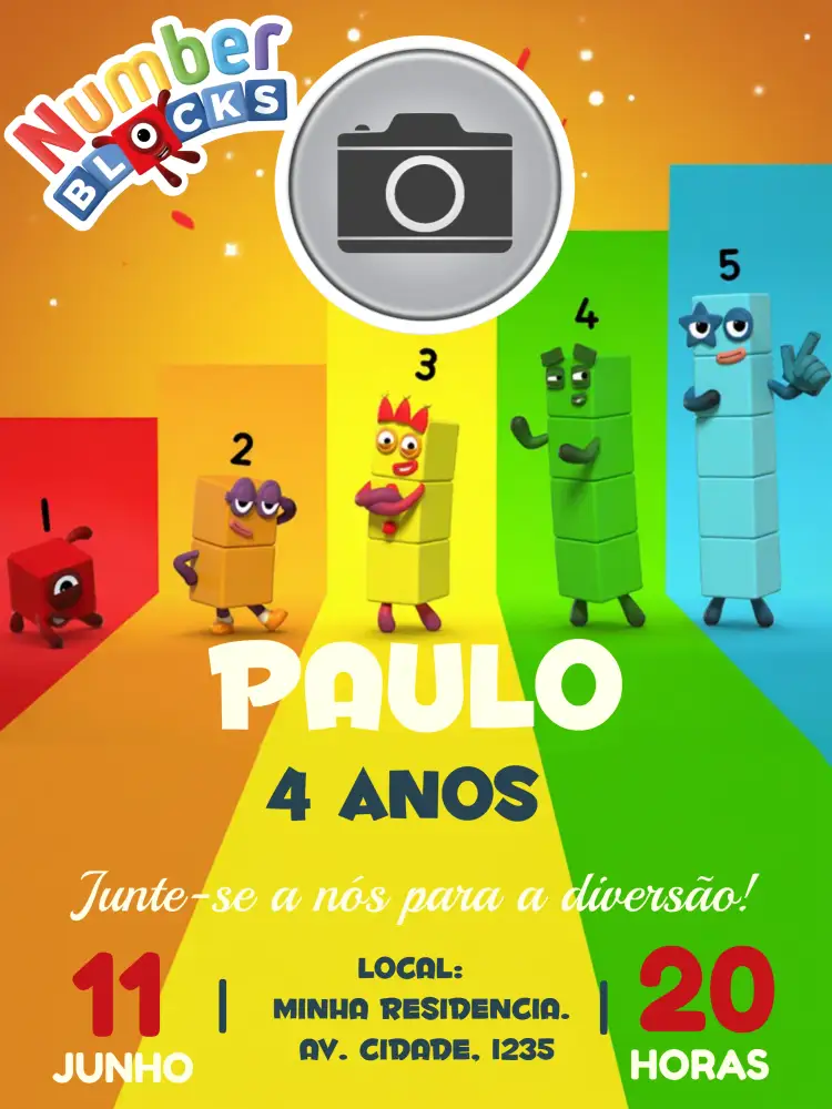 Convite Numberblocks Com Foto Branco – tema Mais pesquisados colorido, divertido, infantil, moderno, temático, educativo