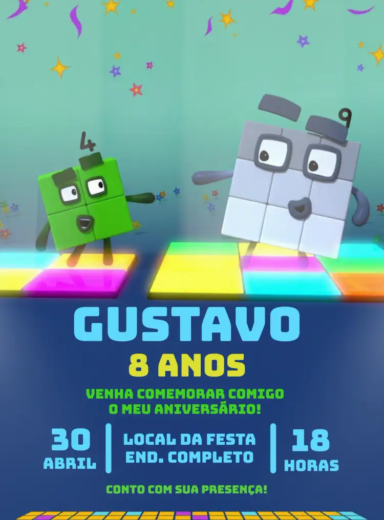 Convite Numberblocks Desenho – tema Aniversário Infantil colorido, divertido, educativo, lúdico, infantil, moderno