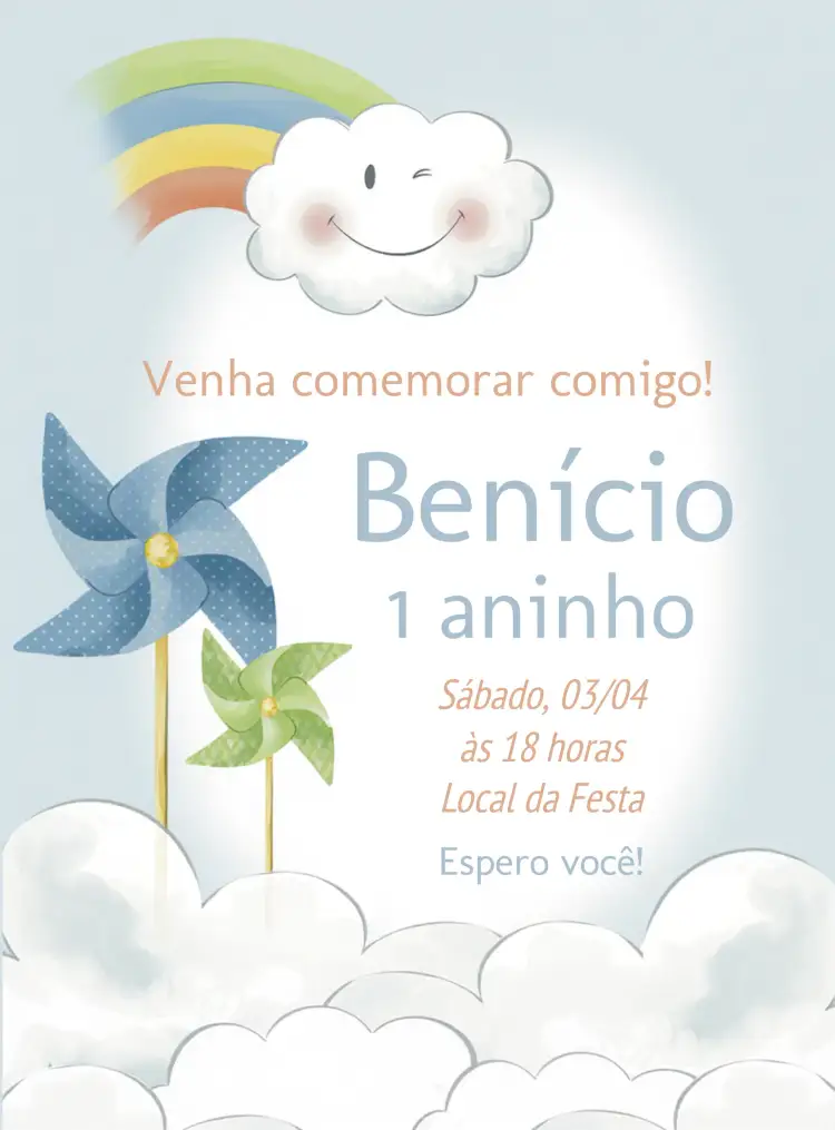 Convite Nuvem E Cata Vento 1 – tema Datas Comemorativas aquarela, colorido, lúdico, infantil, divertido