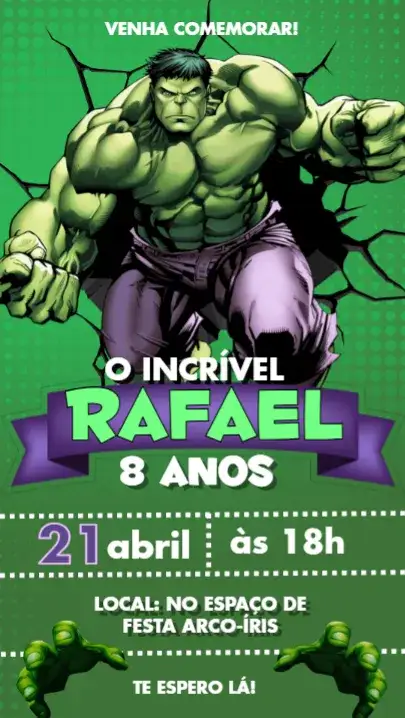 Convite O incrível hulk – tema Aniversário Infantil verde vibrante, roxo marcante, estilo quadrinhos, elementos gráficos de super-heróis, design divertido