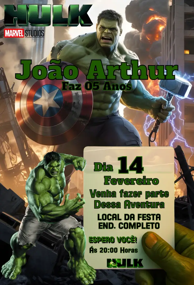 Convite O Incrivel Hulk – tema Aniversário verde vibrante, super-herói, aventura, animação, futurista, divertido