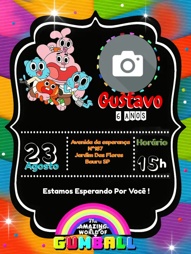 Convite O Incrivel Mundo De Gumball Com Foto Incinerável