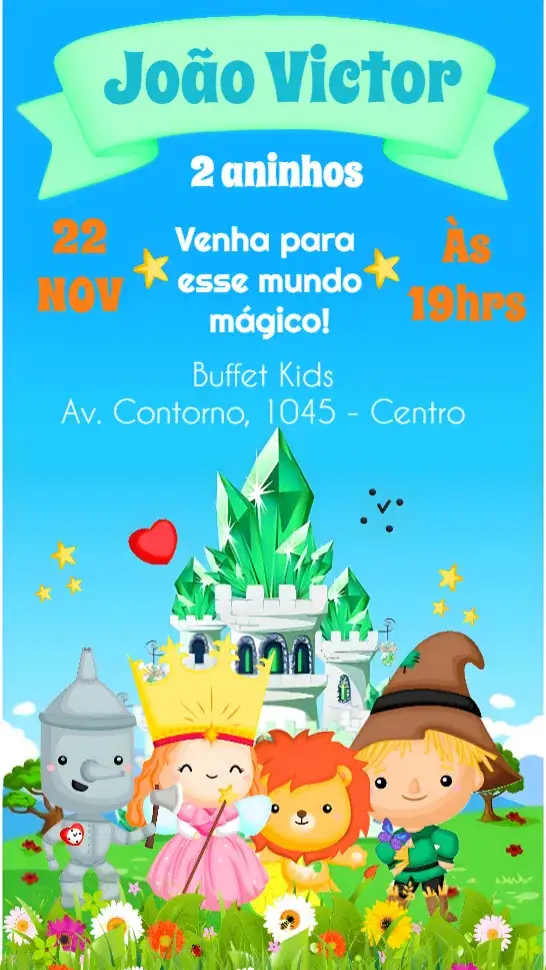Convite O Mágico de Oz – tema Aniversário Infantil colorido, lúdico, fantasia, mágico, divertido