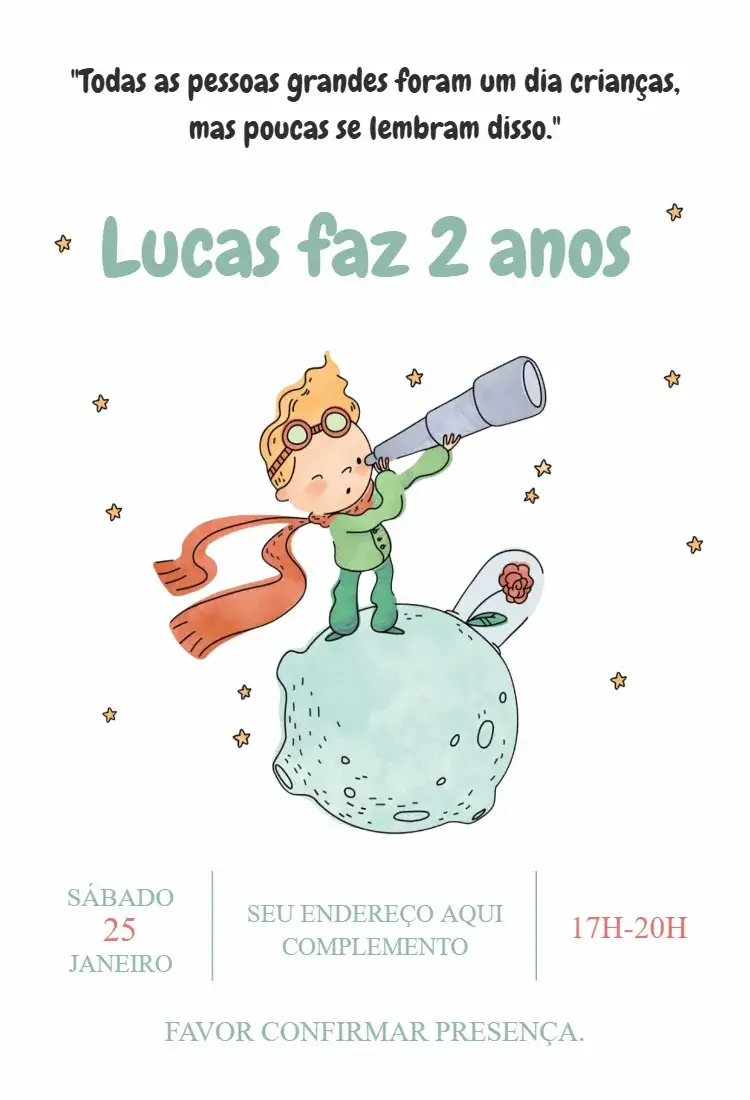 Convite O Pequeno Príncipe – tema Aniversário Infantil aquarela, lúdico, suaves, infantil, colorido, ilustrações