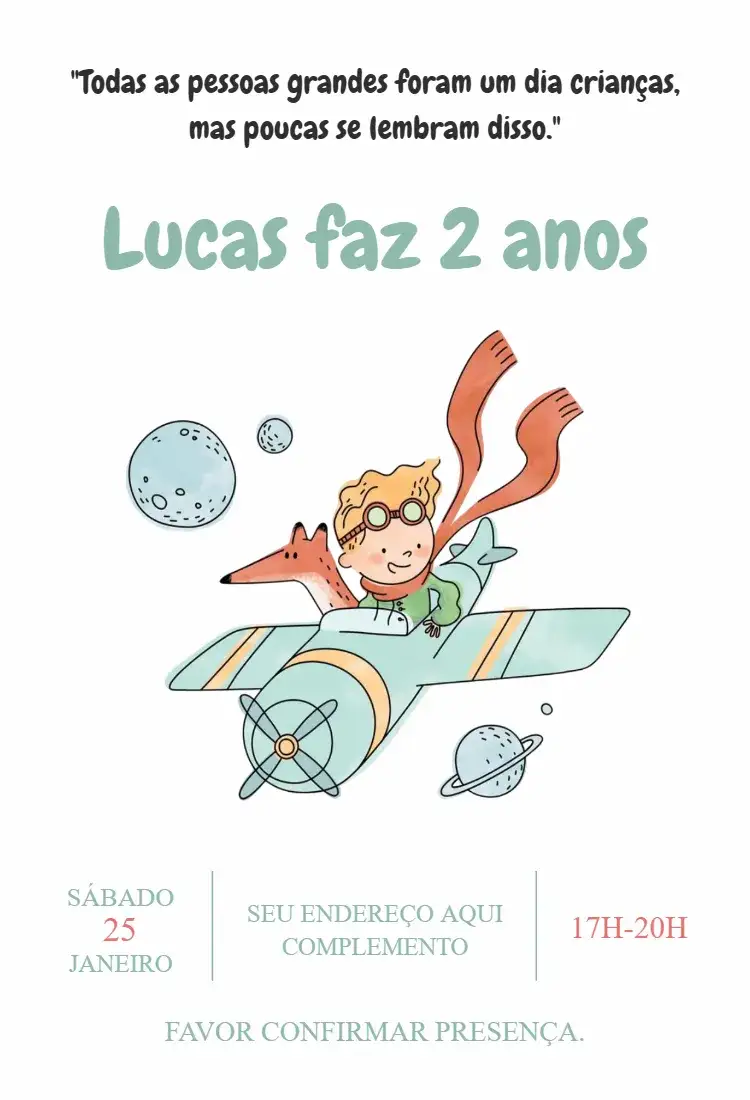 Convite O Pequeno Príncipe – tema Aniversário Infantil aquarela, infantil, fantasia, colorido, lúdico, moderno