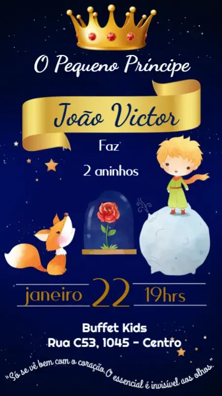 Convite O Pequeno Príncipe – tema Aniversário Infantil ilustrações delicadas, cores pastel, estilo lúdico, elementos de fantasia, design minimalista