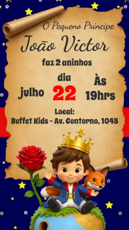 Convite O Pequeno Príncipe – tema Aniversário Infantil lúdico, colorido, ilustrações infantis, sonhador, conto de fadas