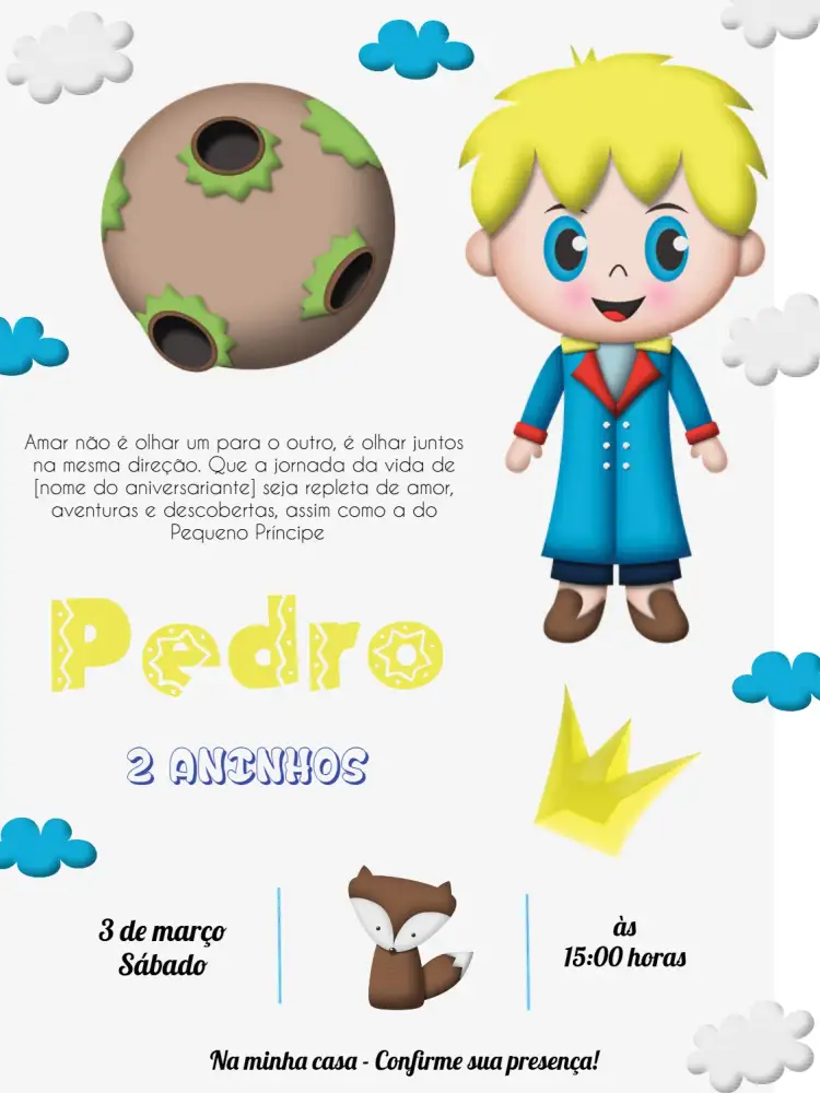 Convite O Pequeno Príncipe Animado – tema Datas Comemorativas colorido, infantil, ilustrações de contos, estilo lúdico, fundo claro, elementos de fantasia