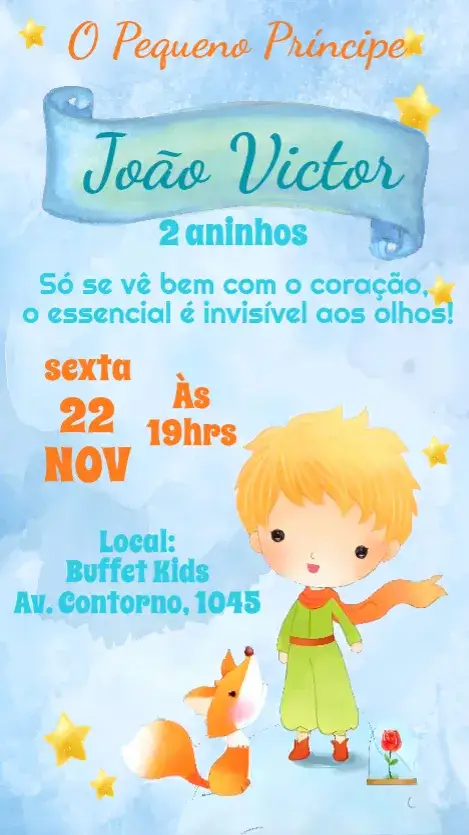 Convite O Pequeno Príncipe Aquarela – tema Aniversário Infantil aquarela, infantil, fantasia, colorido, lúdico, ilustração