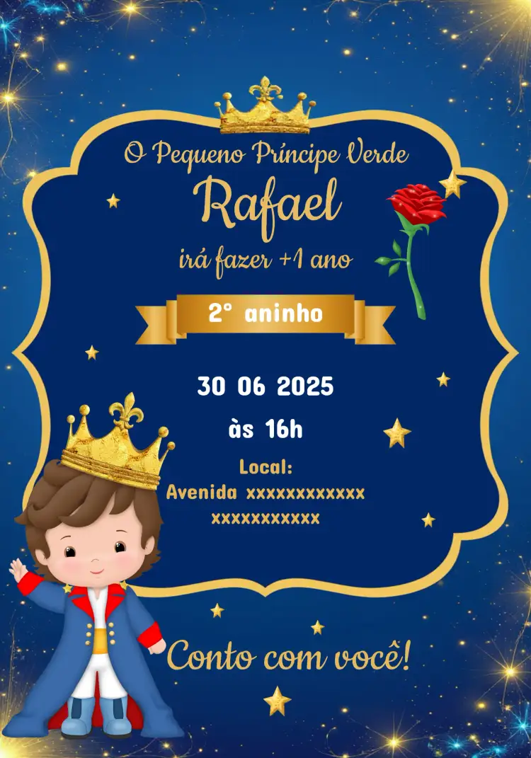 Convite O Pequeno Príncipe Azul Infantil – tema Mais pesquisados azul, dourado, infantil, lúdico, elegante, clássico