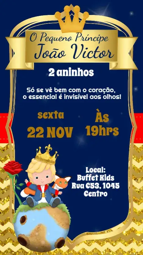 Convite O Pequeno Príncipe Baby – tema Aniversário Infantil estrelas, azul celeste, ilustrações infantis, minimalista, colorido, lúdico