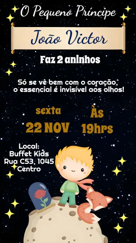 Convite O pequeno Príncipe – tema Aniversário Infantil ilustrações delicadas, cores suaves, estilo lúdico, elementos gráficos de fantasia, design minimalista, toque literário