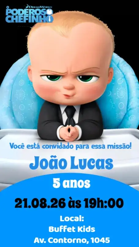 Convite O Poderoso Chefinho – tema Aniversário Infantil colorido, divertido, moderno, ilustrações infantis, temática de personagens, estilo cartoon