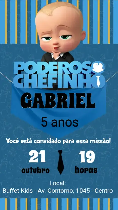 Convite O Poderoso Chefinho – tema Aniversário Infantil colorido, divertido, lúdico, moderno, infantil