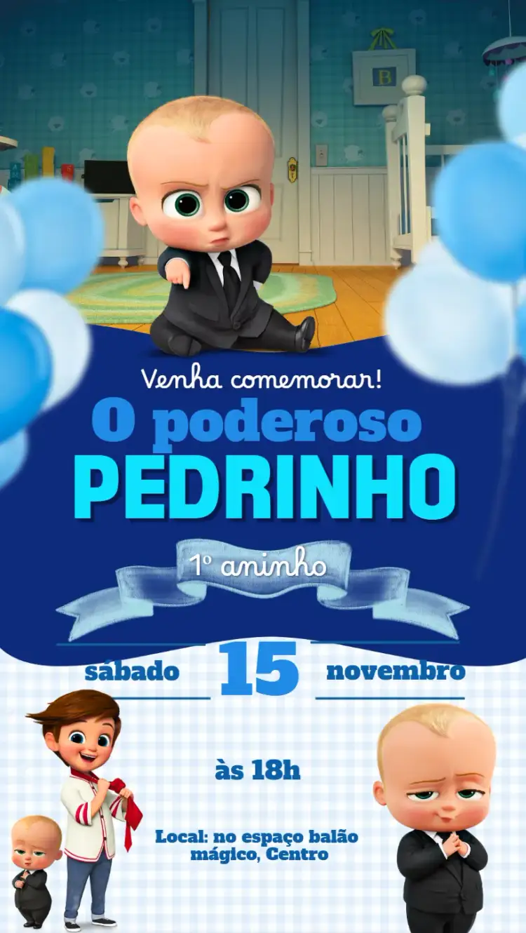 Convite O poderoso Chefinho – tema Aniversário Infantil azul, ilustrações infantis, divertido, colorido, moderno