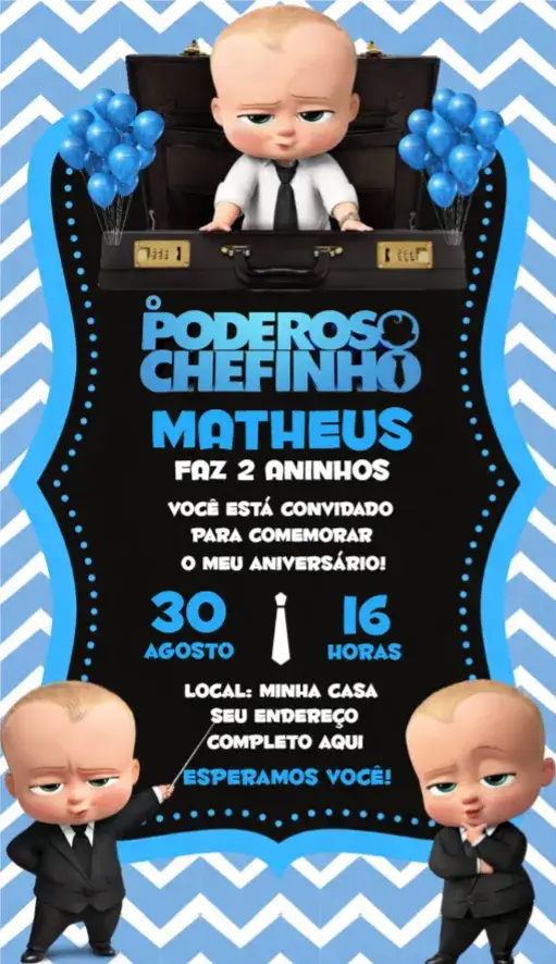 Convite O poderoso chefinho – tema Aniversário azul, divertido, infantil, temático, colorido
