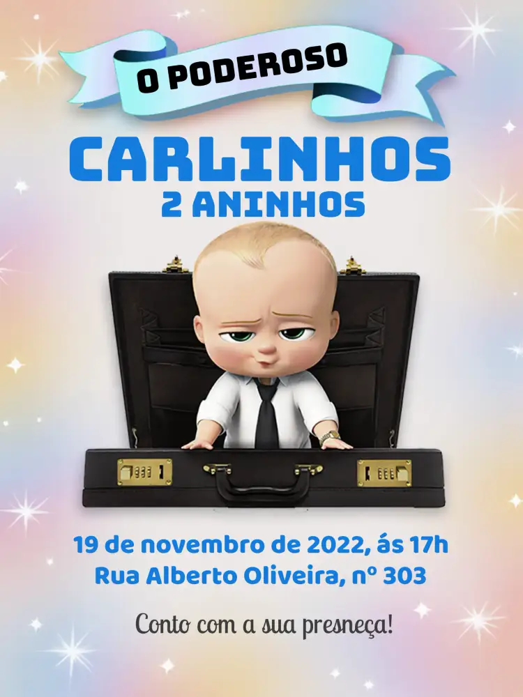 Convite O Poderoso Chefinho – tema Mais pesquisados azul, divertido, animado, infantil, moderno