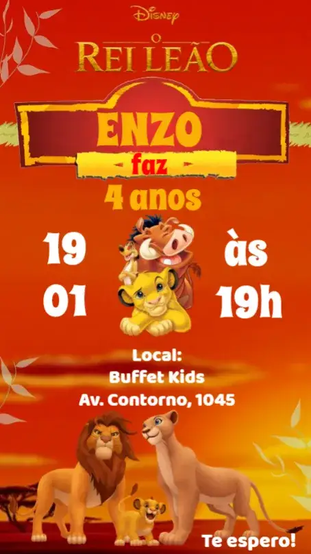 Convite O Rei Leão – tema Aniversário Infantil selva, animais, vibrante, colorido, divertido, temática Disney