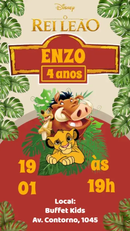 Convite O Rei Leão – tema Aniversário Infantil colorido, temático, divertido, animais, natureza, aventura