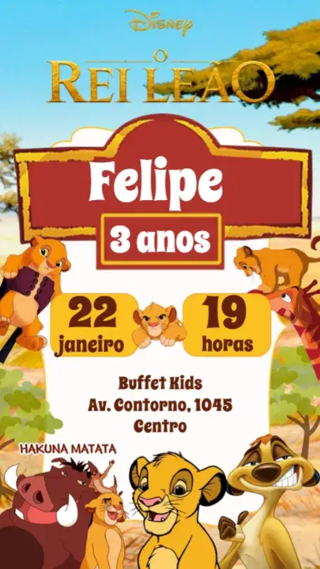 Convite O Rei Leão – tema Aniversário Infantil colorido, animais, savana, tropical, divertido, aventura