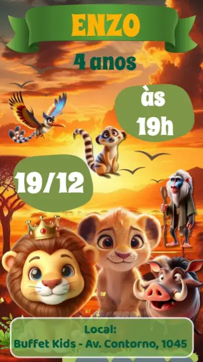 Invitation The Lion King – Kids' Birthday Party theme wild, colorful, fun, watercolor, childlike, nature