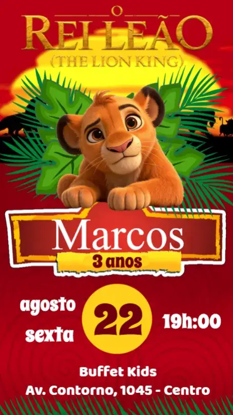 Convite O Rei Leão – tema Aniversário Infantil colorido, animais, natureza, aquarela, divertido, infantil