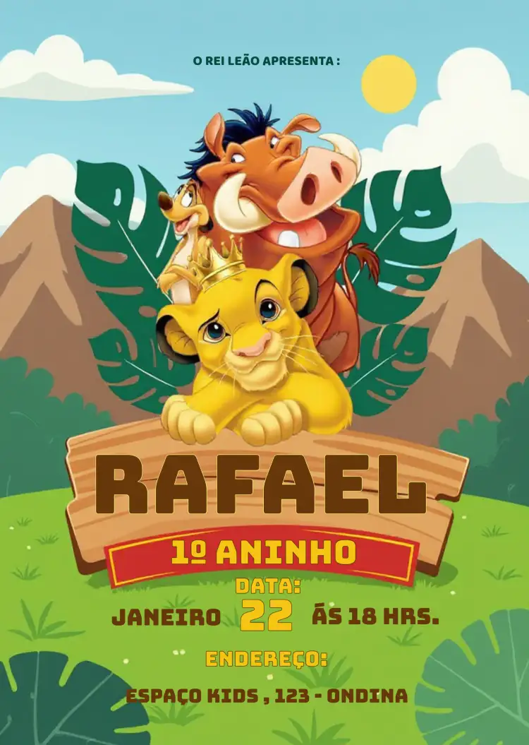 Convite O Rei Leão Disney Animais – tema Aniversário Infantil colorido, floresta, animais, aventura, Disney, divertido