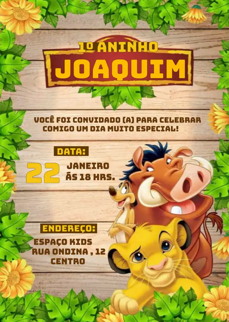 Convite O Rei Leão Disney Reileão – tema Mais pesquisados vibrante, temático, colorido, divertido, animal, natureza