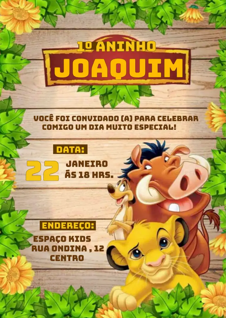 Convite O Rei Leão Disney Reileão
