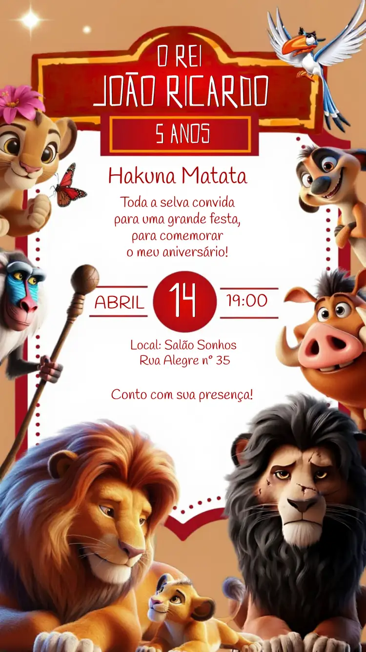 Convite O Rei Leão Mufasa – tema Aniversário Infantil selva, colorido, divertido, Disney, animais, aventura