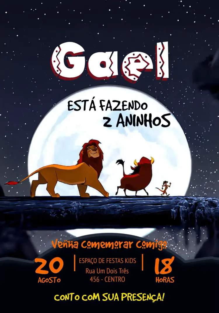 Convite O Rei Leão Selva – tema Aniversário Infantil selva, animais, cores vibrantes, aventura, festa temática, diversão