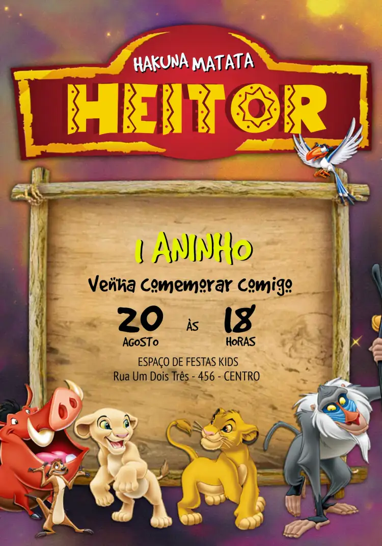 Convite O Rei Leão Verde – tema Aniversário Infantil selva, colorido, divertido, animais, tropical