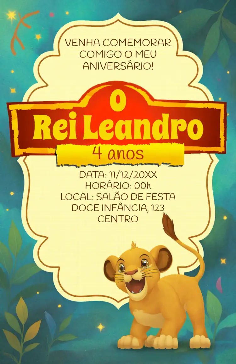 Convite O Rei Leão Vermelho – tema Aniversário Infantil divertido, colorido, temático, infantil, vibrante