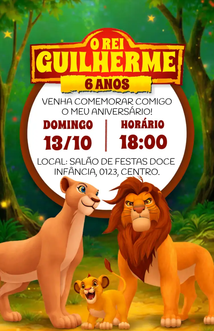 Convite O Rei Leão Walt – tema Aniversário Infantil cores vibrantes, ilustrações da Disney, tema safari, estilo divertido, elementos gráficos de animais, inspirado no Reino Animal