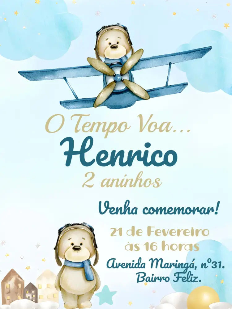 Convite O Tempo Voa Ursinho Baloeiro